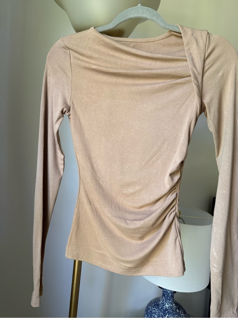 Commense Beige Long Sleeve Ruched Side Top